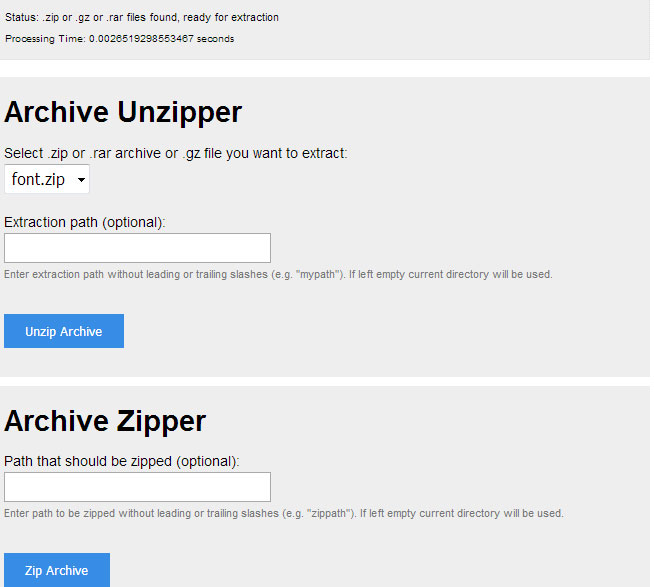 PHP Unzipper script to unzip folder in server