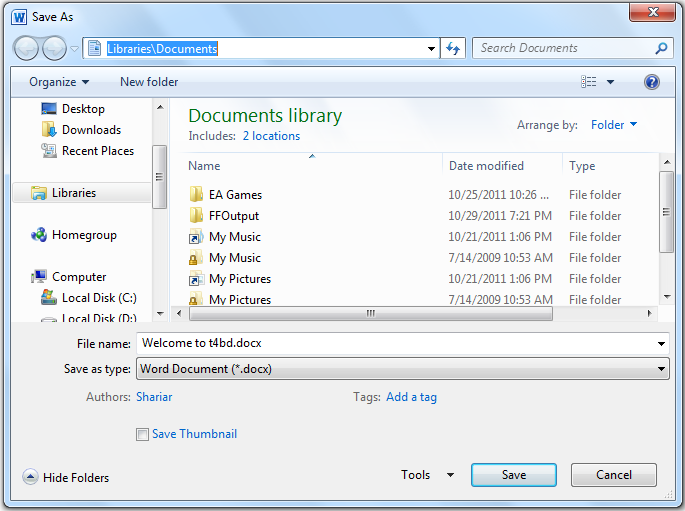Save files in MSWord 2010