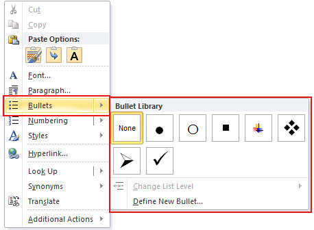 Use of Bullets in MS Word 2010