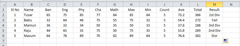 A Complete Result Sheet in Excel