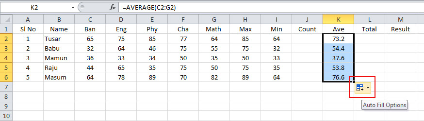 All AVERAGE Number in Result Sheet