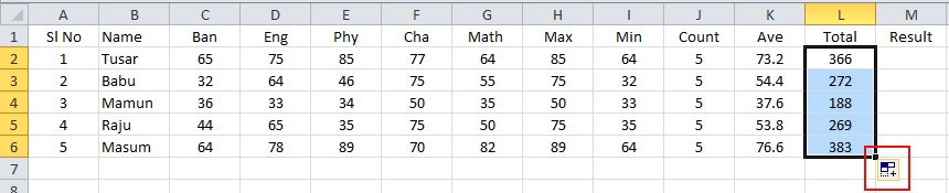 All Total Number in a Result Sheet in Excel