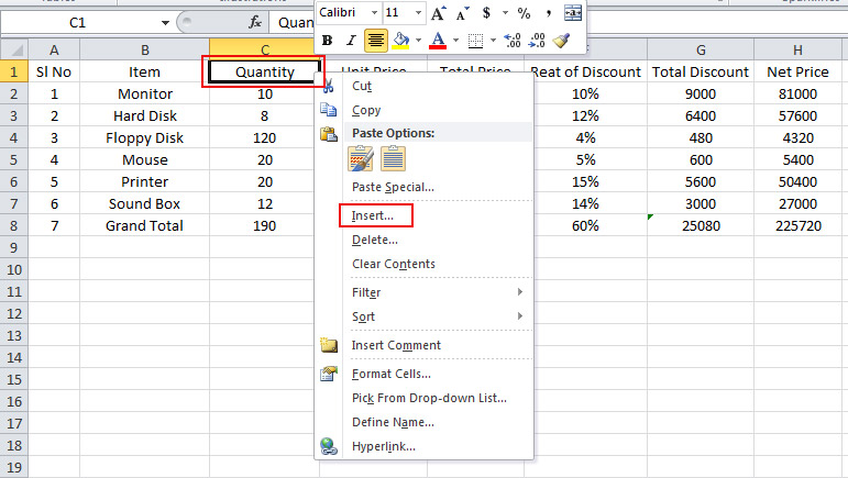 Other Option of Column Insert in Excel