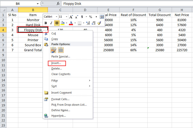 Other Option of Row Insert in Excel