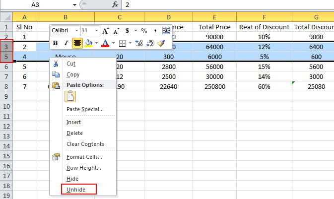 Row Unhide in Excel