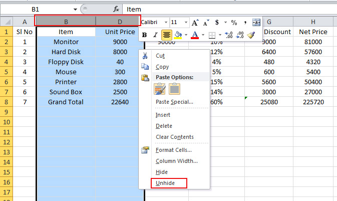 Unhide Column in Excel