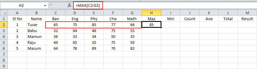 Use of Max Function in Excel