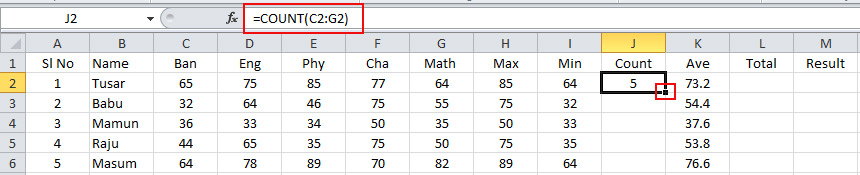 Use of Count Function for a Result Sheet in Excel