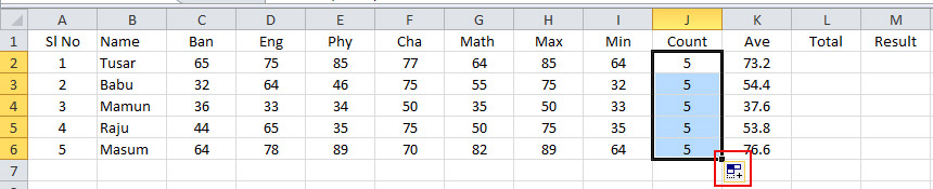 Use of Count Function for a Result Sheet in Excel 2