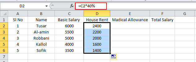 house rent result in ms Excel