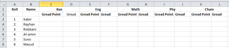 A Basic Table to show Grade Point and Grade in Excel
