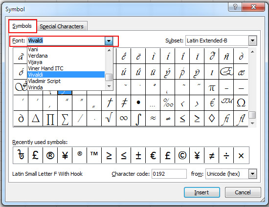 Change of Symbol Items from Font Option in Excel