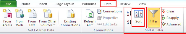 Data filter from Ribbon in Microsoft Excel 