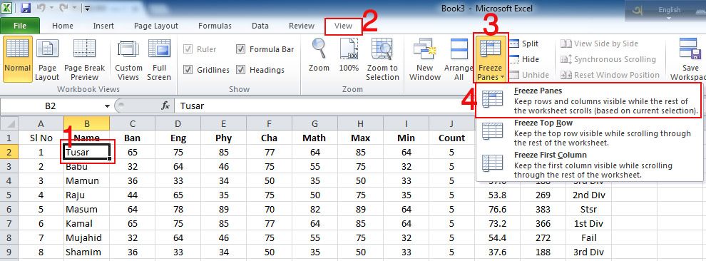 Picture of Freeze Panes Option from Ribbon in Excel