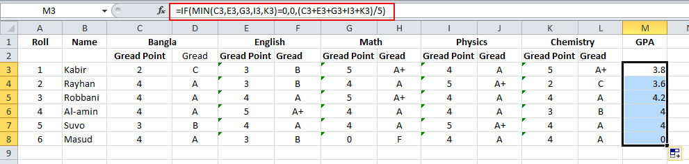 Total GPA from a Result Sheet in Excel