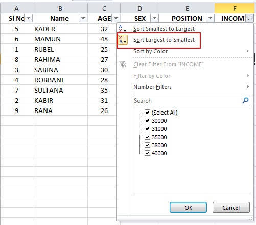 Use of Data Sorting in Excel 2