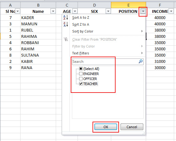 Use of Filter in Excel 2