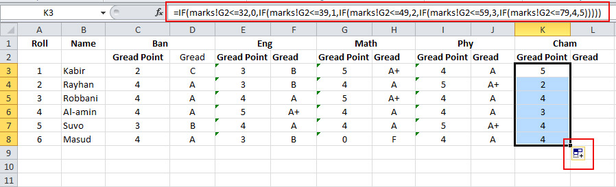 Use of Function for Grade point in Excel 5