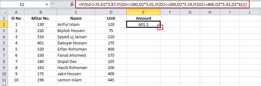 Use of IF Function for Electricity Bill in Excel 