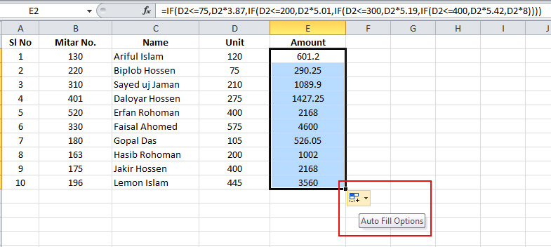 Use of IF Function for Electricity Bill in Excel 2