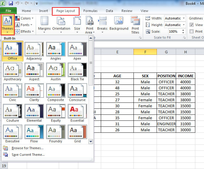 Use of Themes in Excel