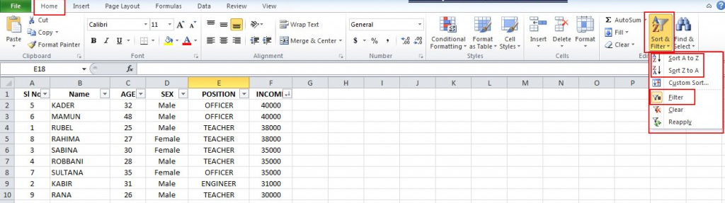data filter and short in ms excel from ribbon