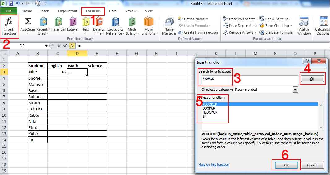 Another Applying the Vlookup formula in the Insert Function Dialogue box 