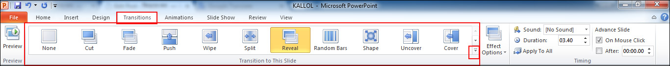 Finding Transition Option for Transition Slide in Power Point 