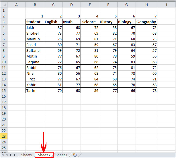 Table of Sheet2 for Example in Excel 