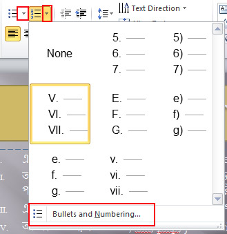 Use of Bullets and Numbering Option for Change Bullets and Numbering Categorize 