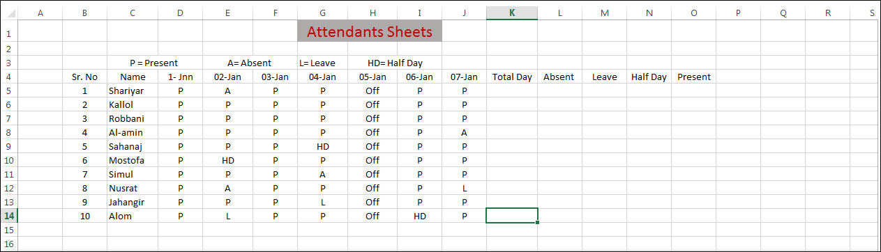 An Attendants Sheet for Example