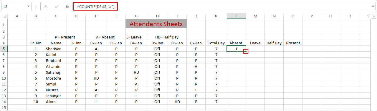 Use of COUNTIF Function for Counting Absent Days 