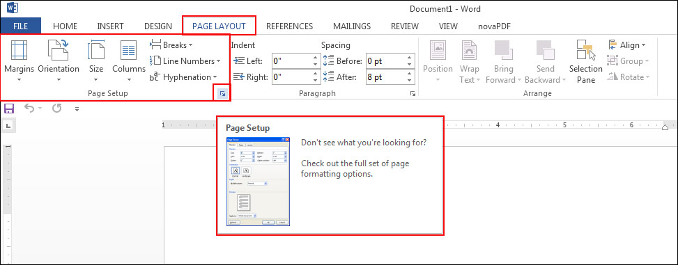 Use of Page Layout Tab for Page Setup in MS Word 2013