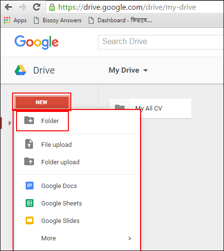Click of NEW Option for Create a New Folder in Google Drive