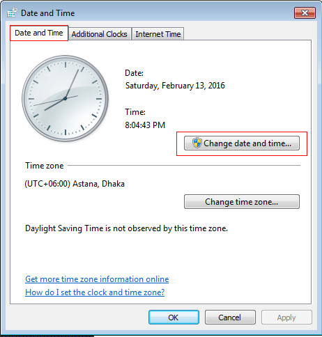 Click the Change date and time in Dialogue Box