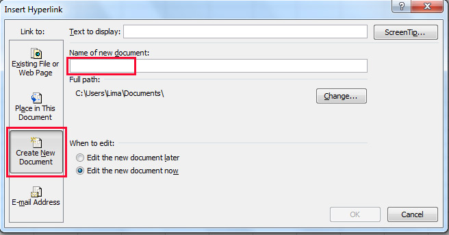 Create a New Document in Insert Hyperlink Dialogue Box 