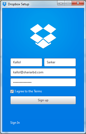 Fill up the data in Window for Create a Account in Dropbox