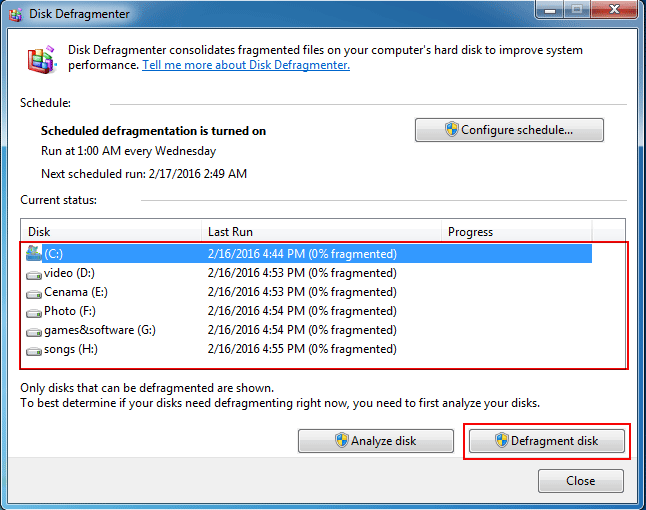 How to Defrag All Drive in Disk Defragmenter Dialogue Box