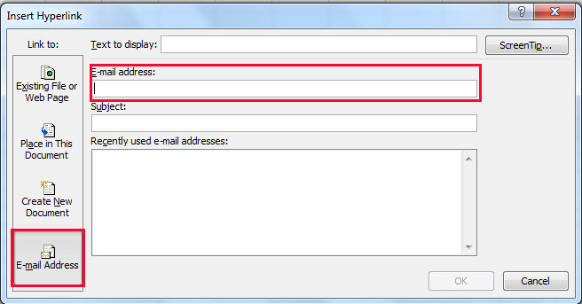 Use of E-mail Address link Option in Insert Hyperlink Dialogue box