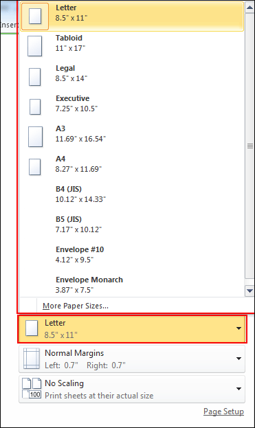 Setup Pages Size in Print Settings Option 