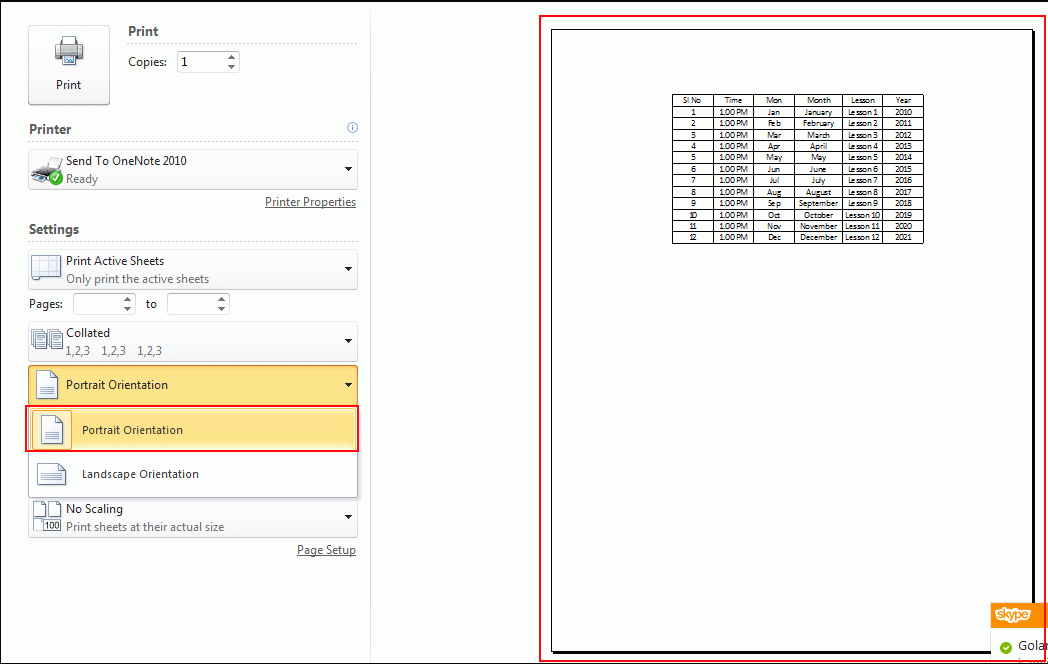 Use of Portrait Orientation for File Print in Excel