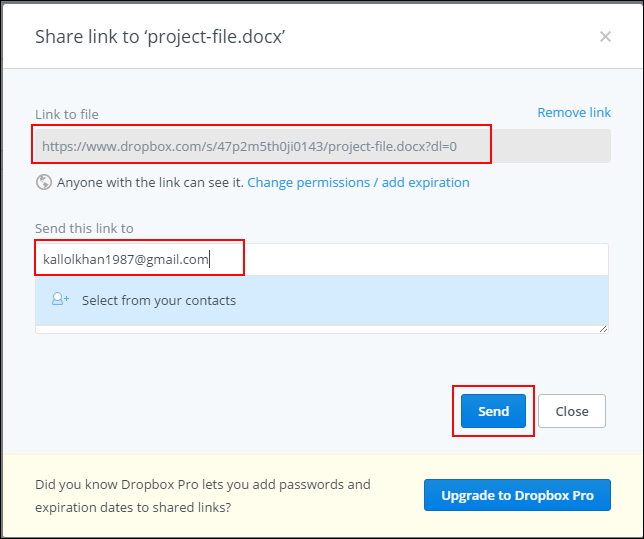 Use of Dialogue Box for Share File Dropbox to Email 