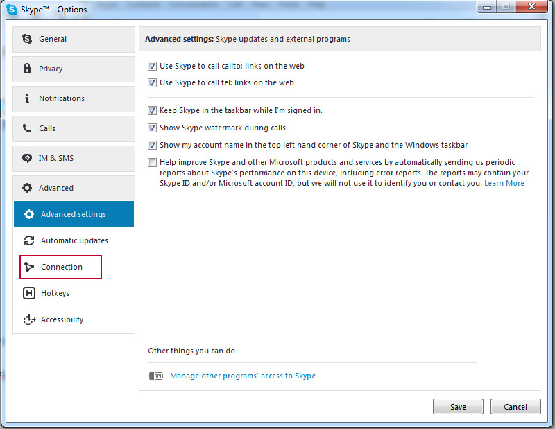 skype advanced settings to connection