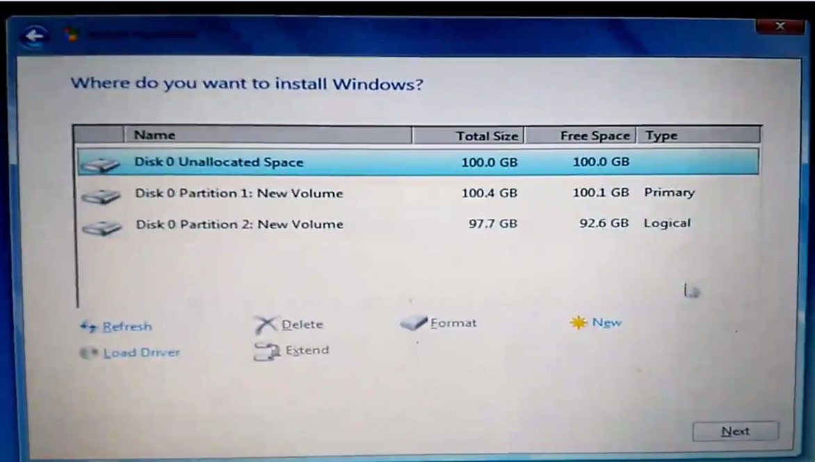 After Delete partition choose Unallocated Space