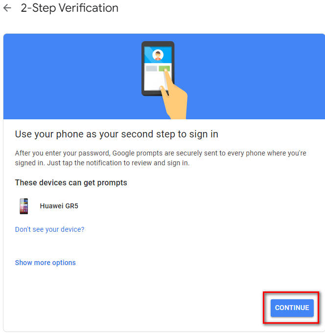 Continue to Two Step Verification