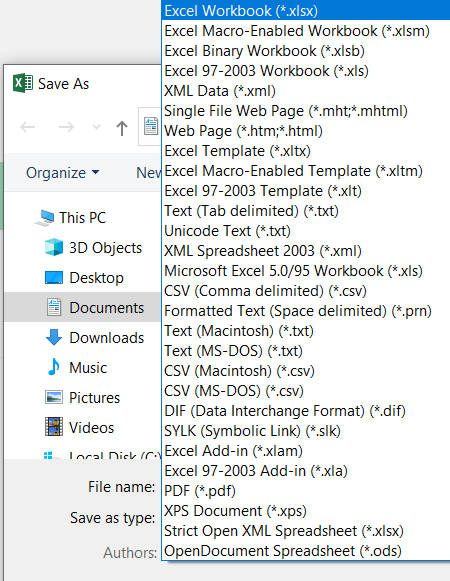 excel file types that you can save as