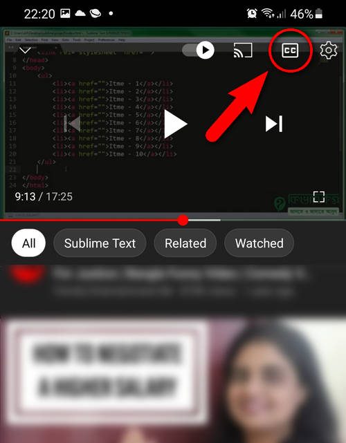 YouTube App in Mobile Phone YouTube Sub-Title