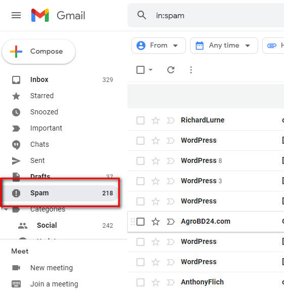 gmail inbox এর নিচের দিকে Spam message ট্যাব এ স্প্যাম মেসেজ গুলো থাকে 