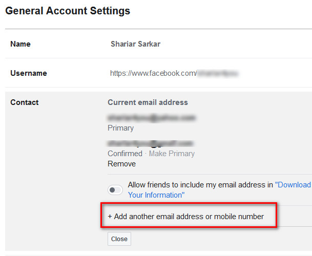 add email or phone number in Facebook