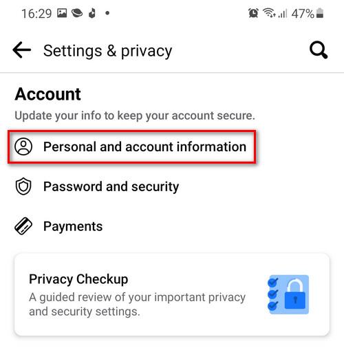 Facebook personal and account info settings